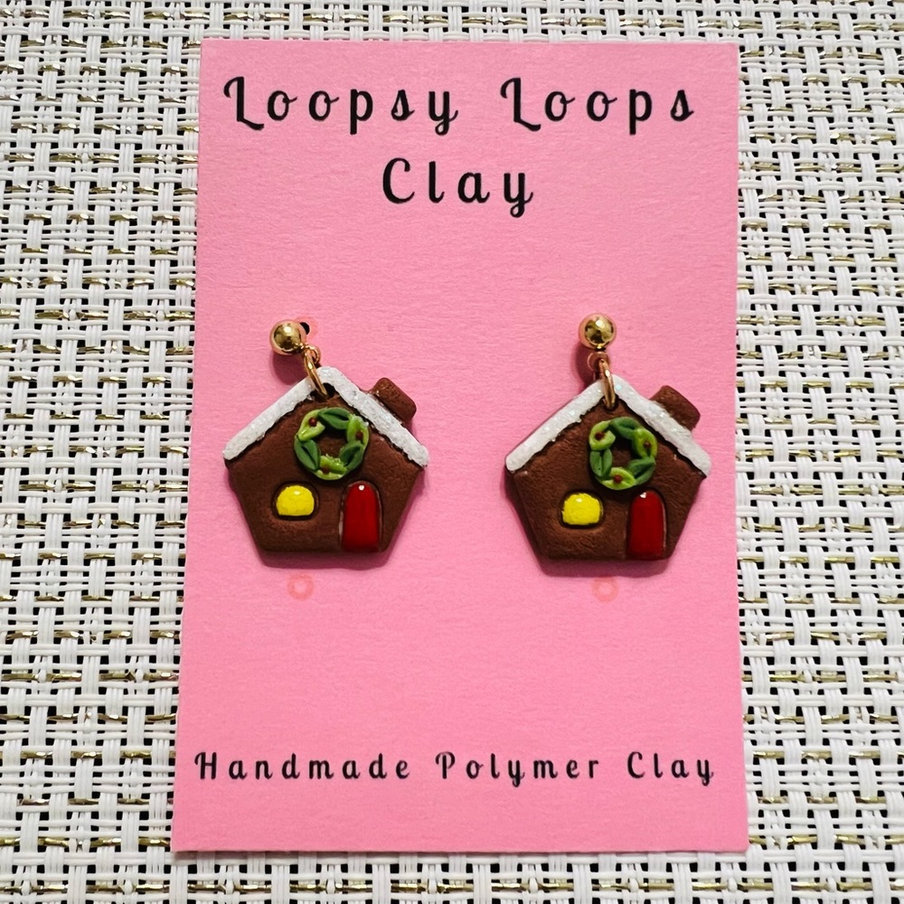 Handmade gingerbread house polymer clay earrings